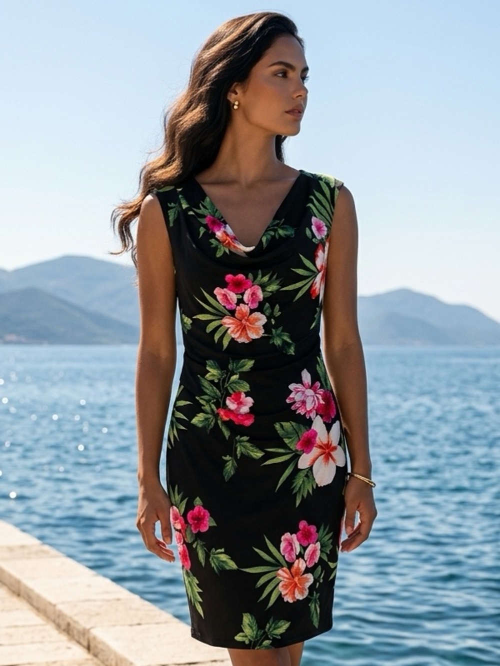 J Howard Women's 16 Black Floral Sheath Cowl Neck Sleeveless Knee Stretch Lined